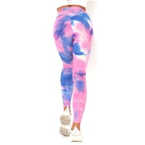 YOGA SPORTS HIGH WAISTED PANTS PINK & BLUE TIE DYE BUTT ENHANCING PATTERN